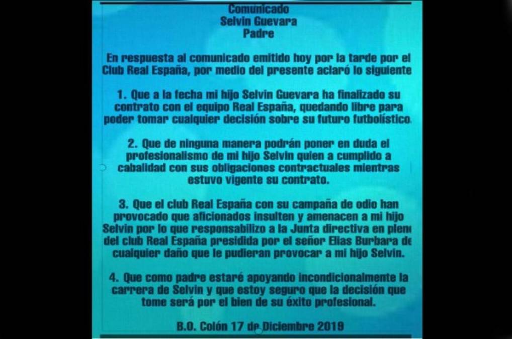 Padre de Selvin Guevara responde a Real España y revela que este recibió amenazas