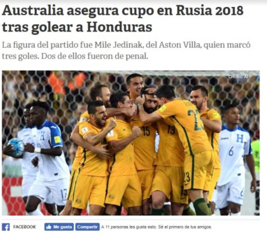 Prensa internacional resalta 'el fracaso' de Honduras y la goleada de Australia