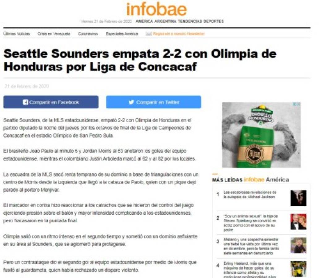 Lo que dice la prensa nacional e internacional del valioso empate de Olimpia ante Seattle en Concachampions