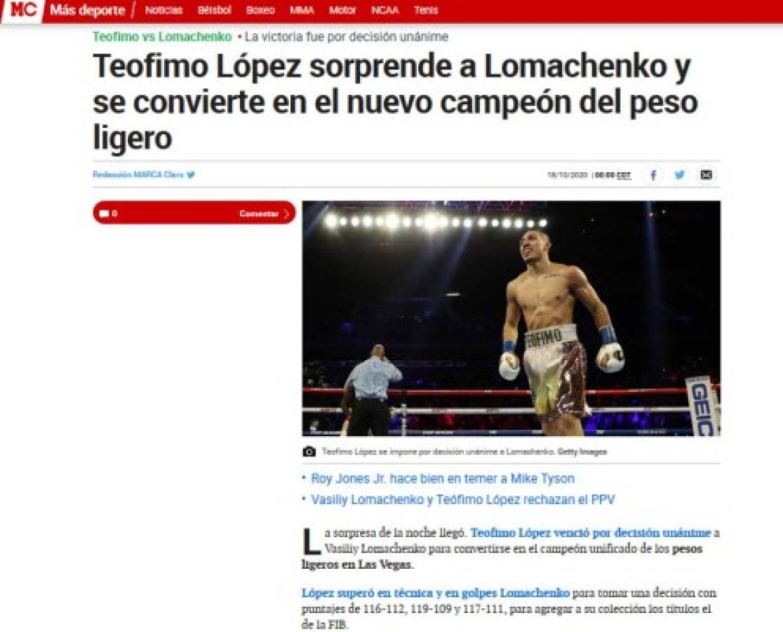 'Nació un nuevo rey': Lo que dice la prensa tras triunfo de Teófimo López sobre Lomachenko