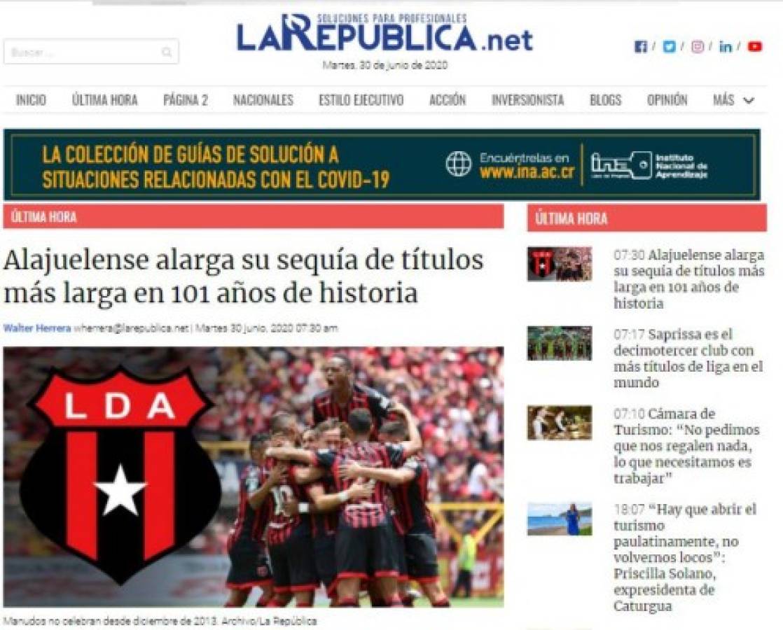 Prensa tica destroza al Alajuelense por su pobre juego y alaba la conquista de Centeno y Saprissa