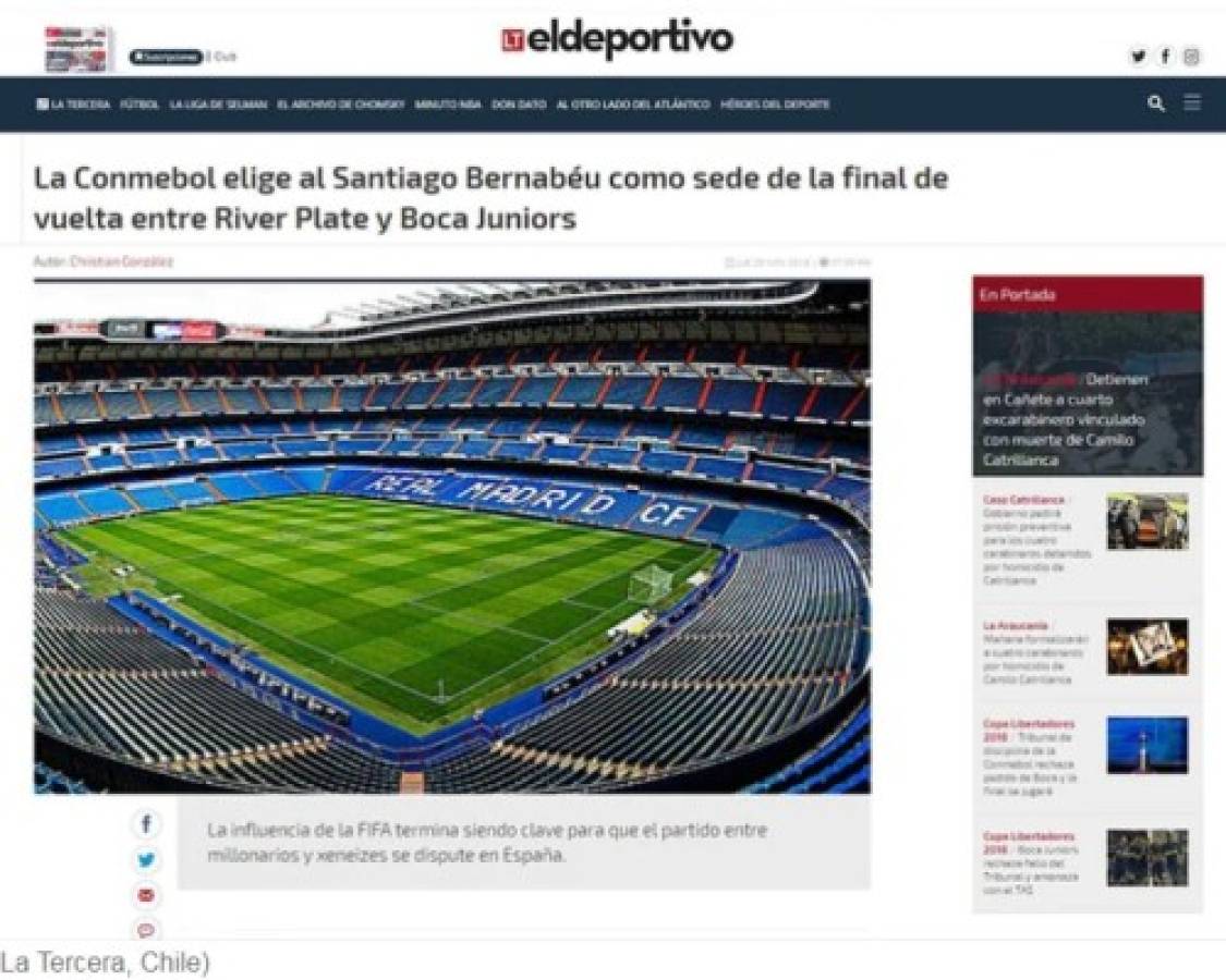 La final de la Copa Libertadores en el Bernabéu se roba la portadas del mundo
