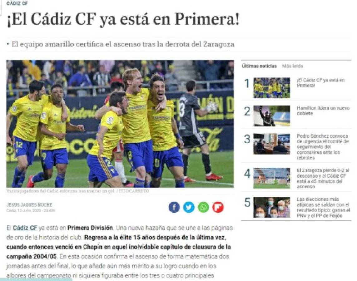 'Regresa entre los grandes': Los medios internacionales destacan el ascenso del Cádiz y Choco Lozano a Primera división de España