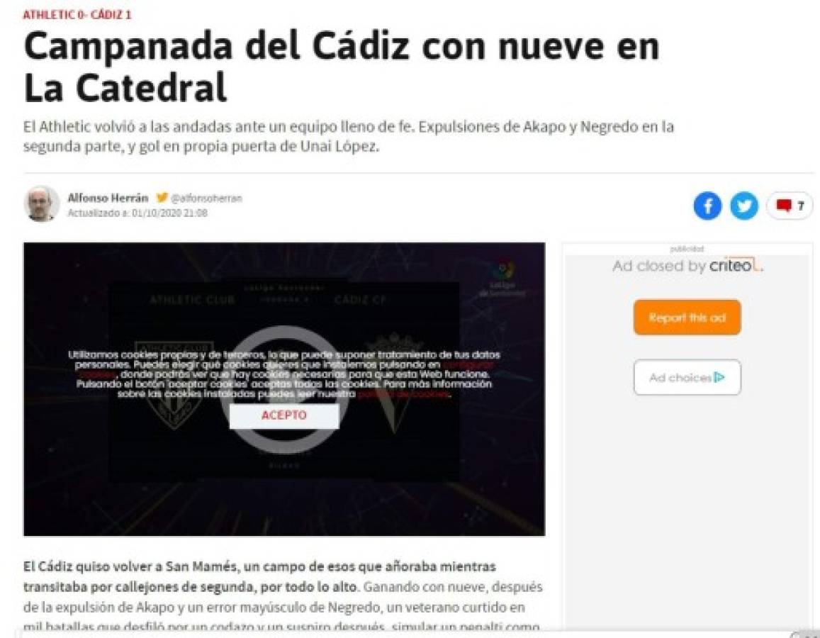 Esto dice la prensa de España sobre el triunfo de Cádiz con gran actuación del 'Choco' Lozano