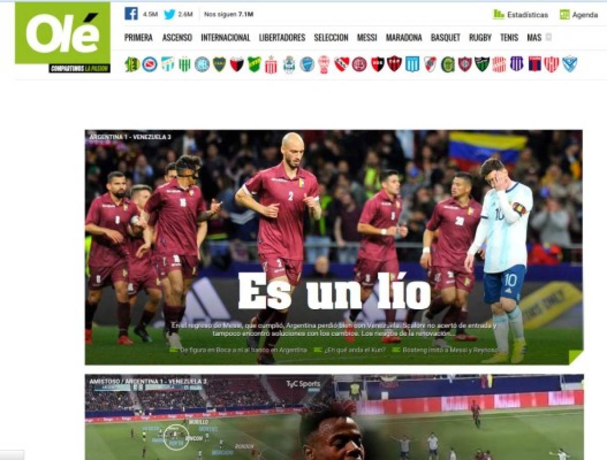 Los medios argentinos y sus titulares sobre derrota de Argentina en la vuelta de Messi