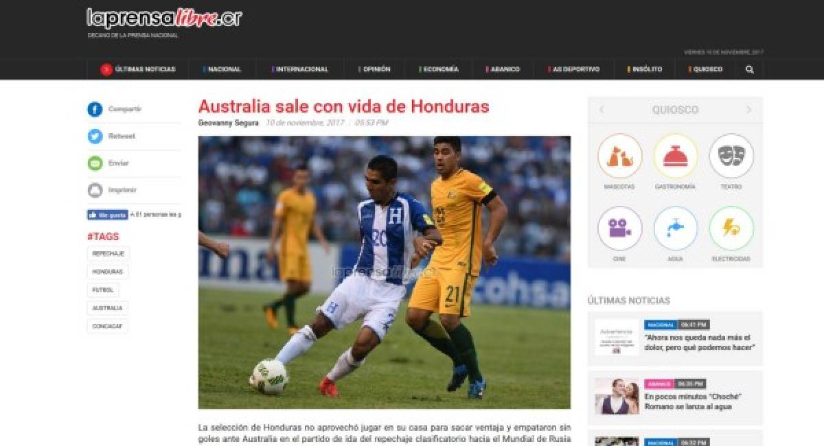 Prensa internacional habla de 'tumba' y 'campo horrendo' sobre el Honduras-Australia