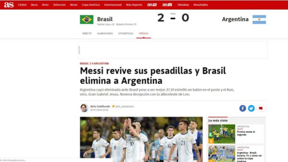 Así reaccionan los medios luego de la eliminación de Argentina ante Brasil