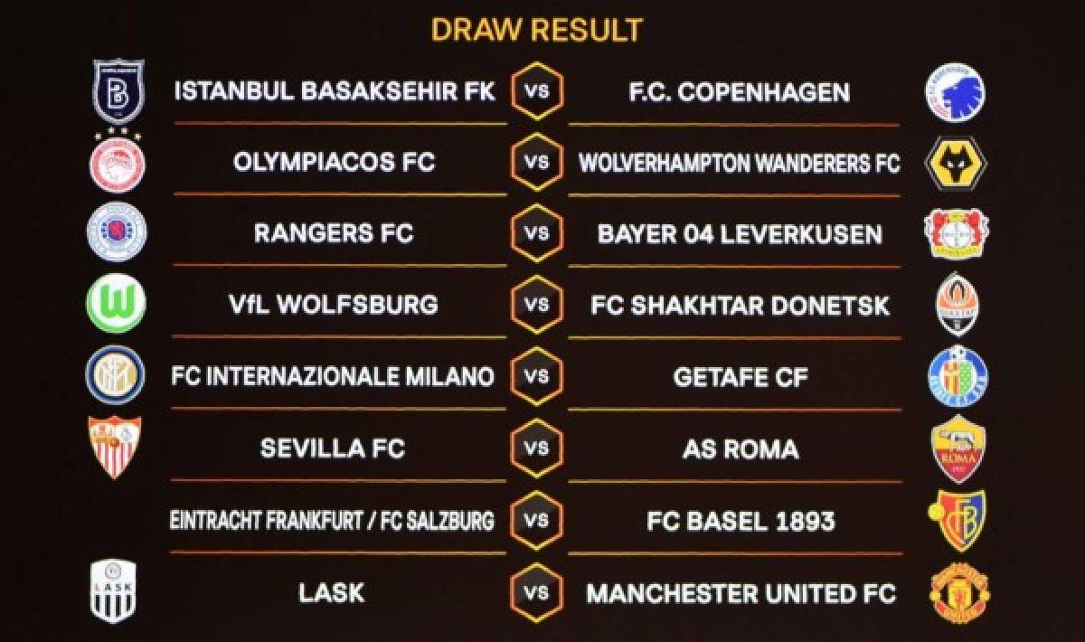 This picture shows the draw result during the UEFA Europa League football cup's round of 16 draw ceremony in Nyon on Febraury 28, 2020. (Photo by Fabrice COFFRINI / AFP)