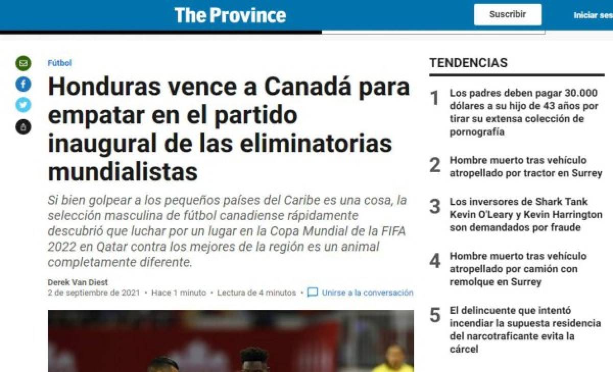 ¡Lamento canadiense! Lo que dice la prensa internacional tras el empate de Honduras ante Canadá en Toronto