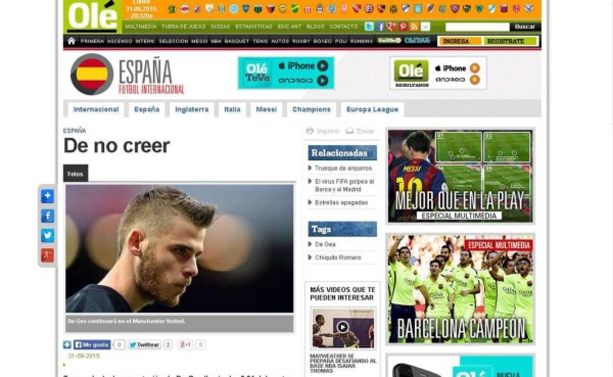 Prensa internacional habla de 'ridículo' la no llegada de De Gea al Real Madrid