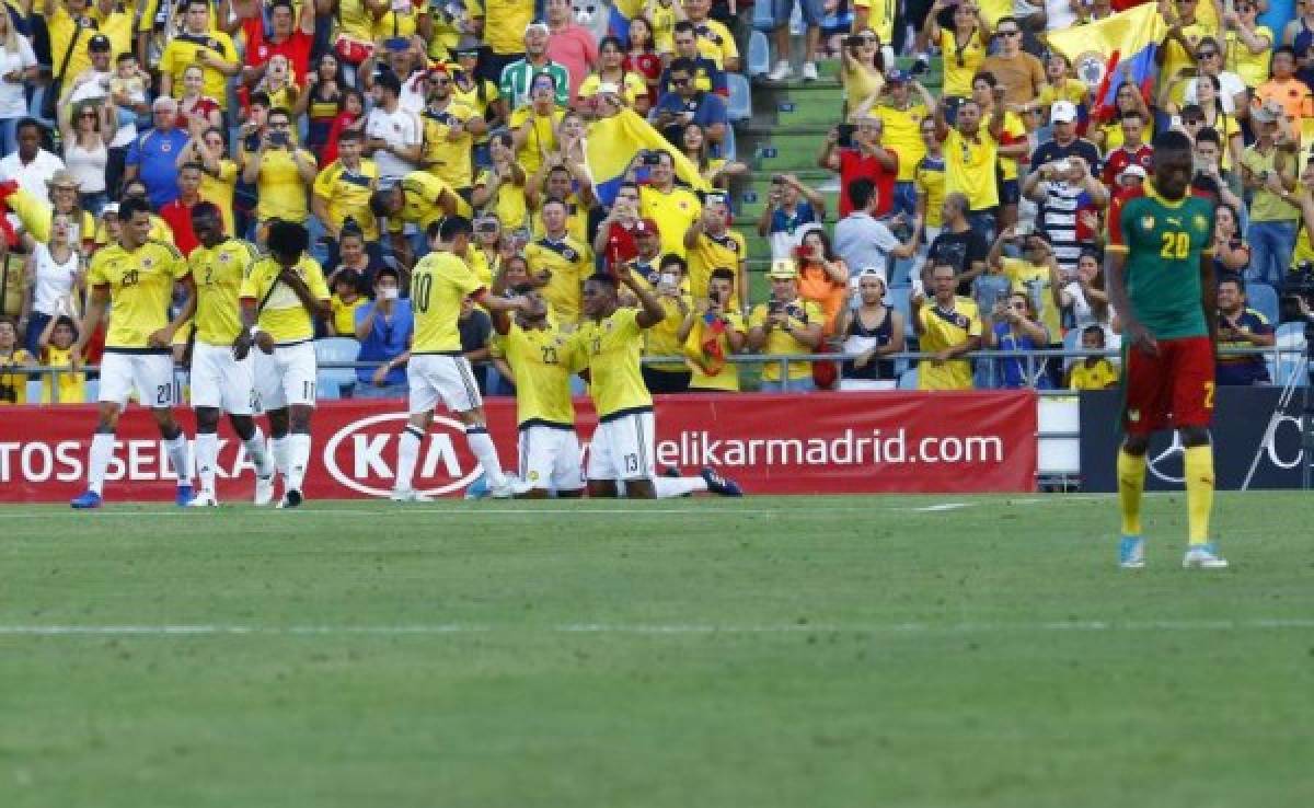 GRA688. GETAFE (MADRID), 13/06/2017.- Los jugadores de Colombia celebran el segundo gol ante Camerún, marcado por Yerry Mina (2-d), durante el partido amistoso que ambas selecciones han disputado hoy en el estadio Alfonso Pérez de Getafe, en Madrid. EFE/J.P.Gandul