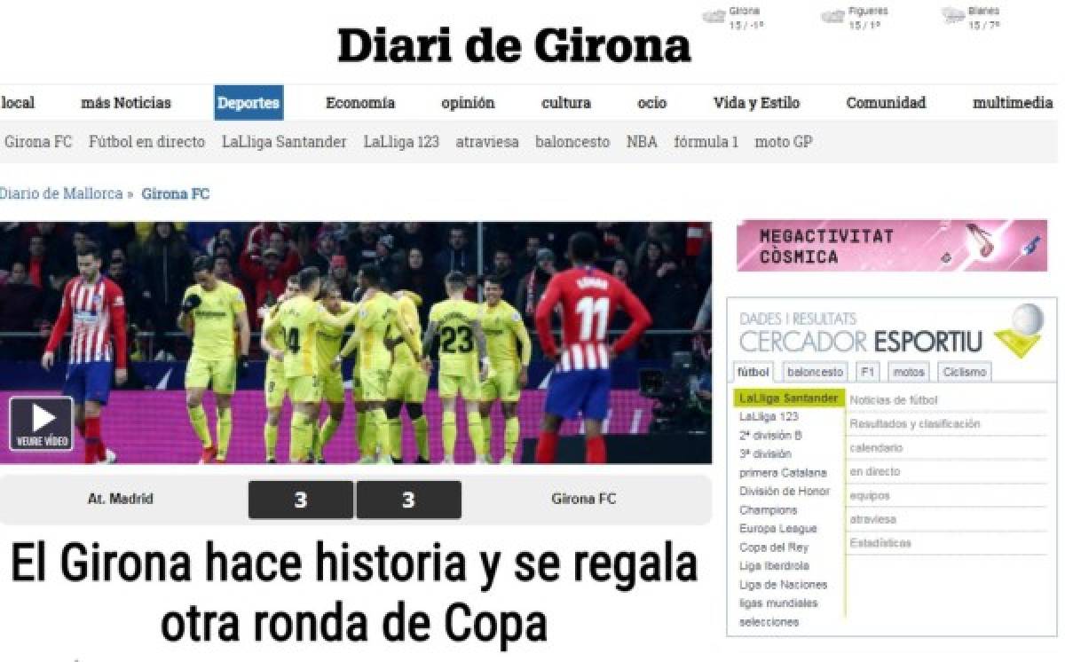 Portadas: Así titularon los diarios el batacazo del Girona del Choco Lozano ante el Atlético de Madrid