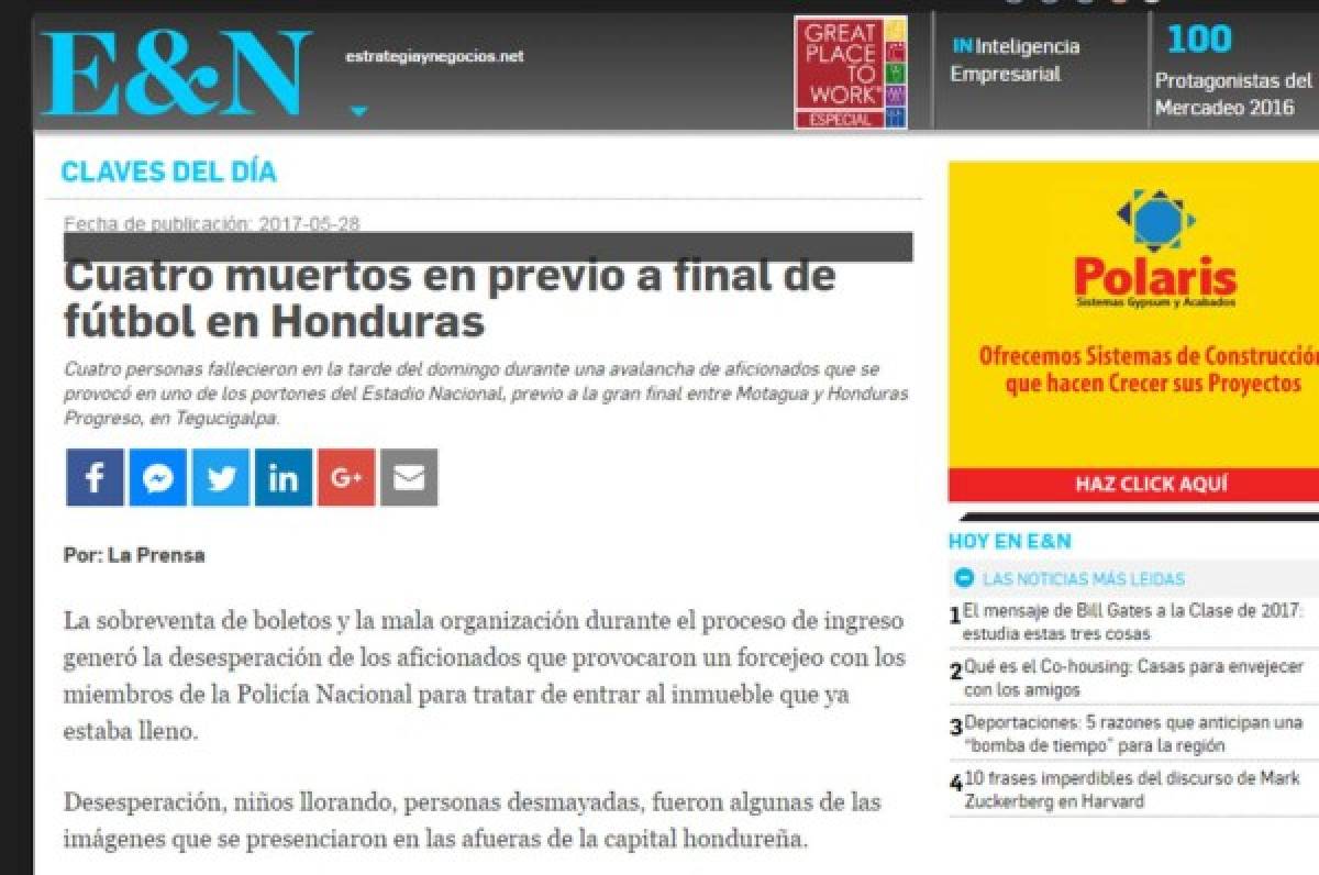 ¡TRISTEZA! La prensa mundial hace eco de la tragedia en la final de Honduras