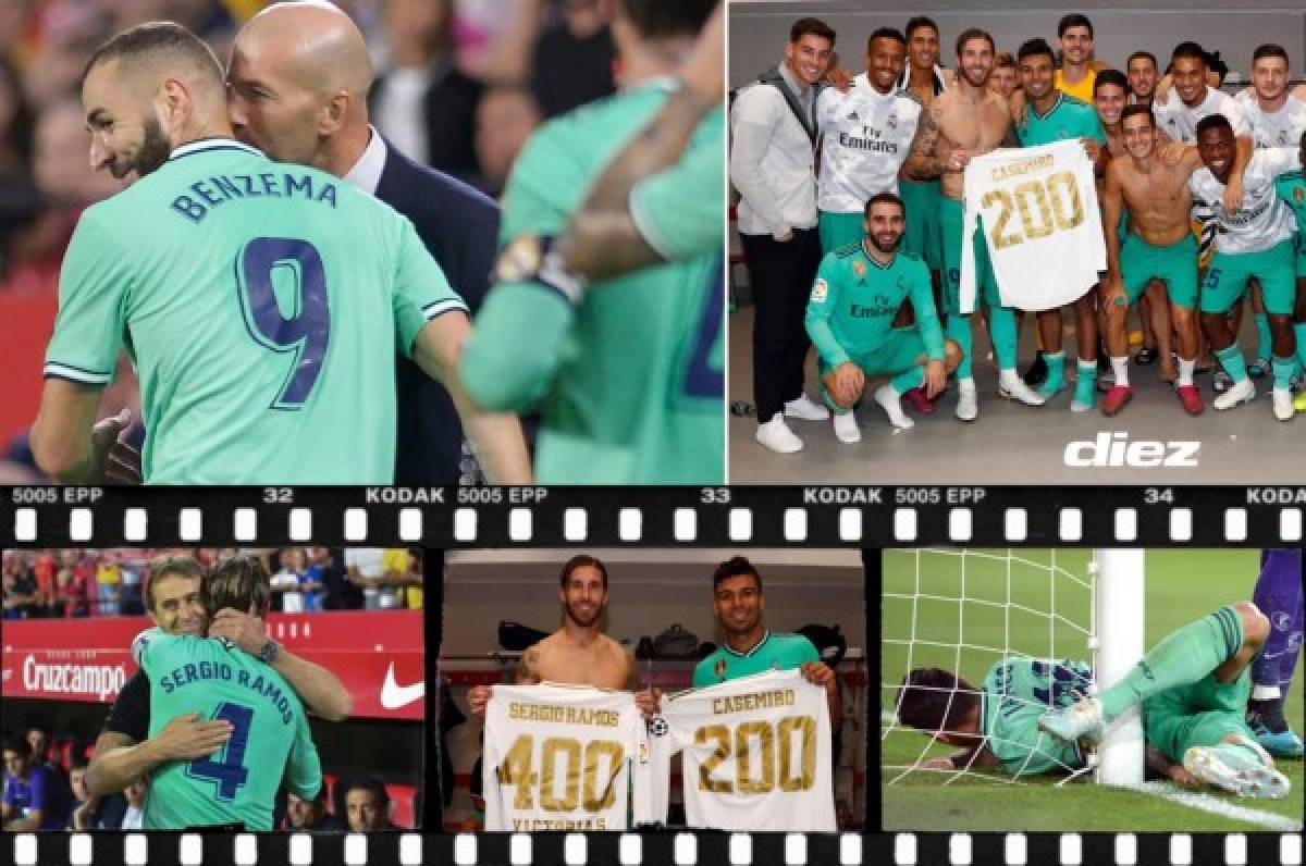 No viste en TV: Besito de Zidane a Benzema y James Rodríguez se ''estrella'' en el Sánchez-Pizjuán
