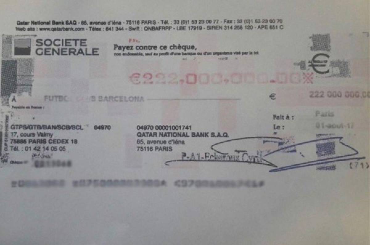 ¡Se filtra el supuesto cheque con el que PSG liberó a Neymar del Barca!