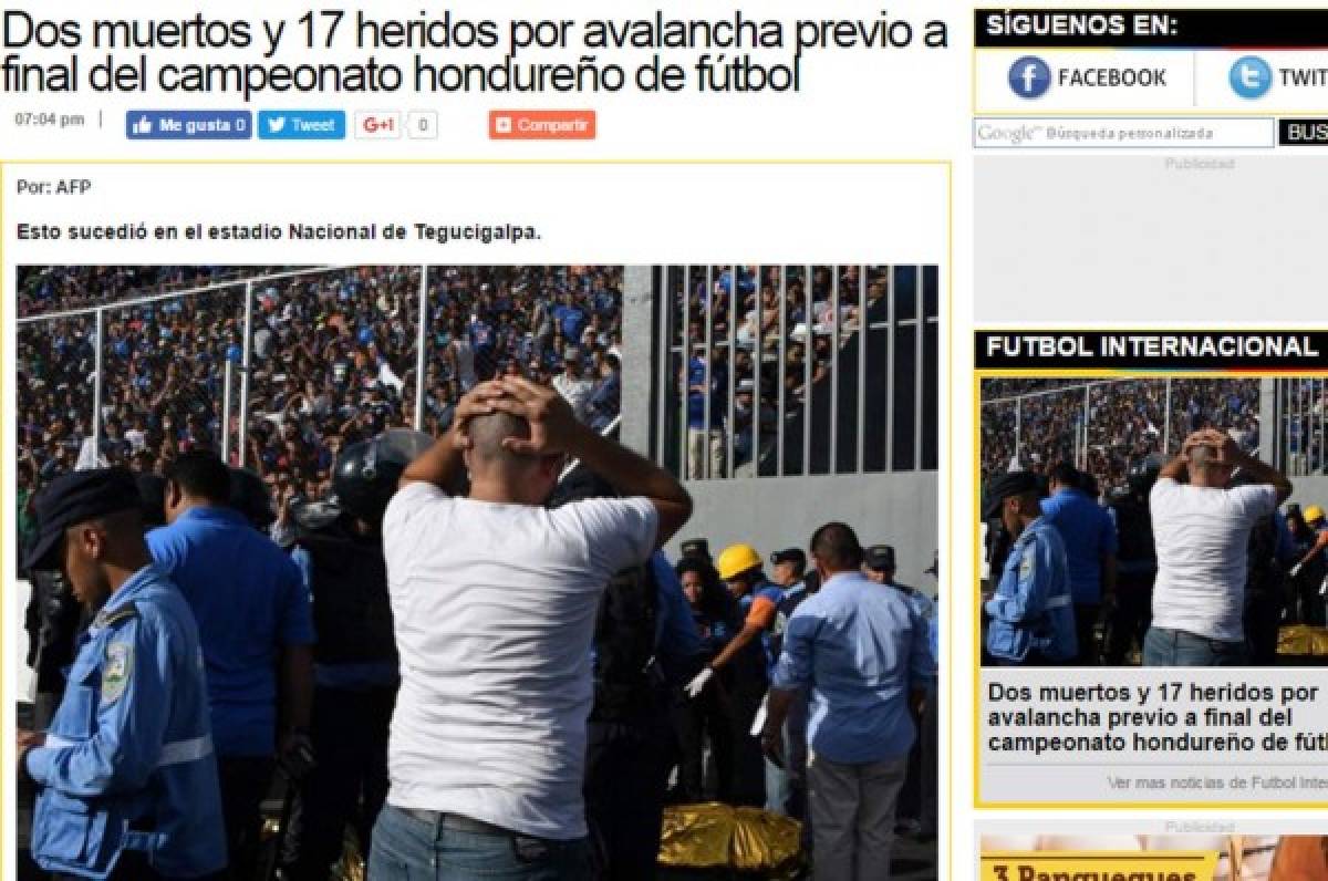 ¡TRISTEZA! La prensa mundial hace eco de la tragedia en la final de Honduras