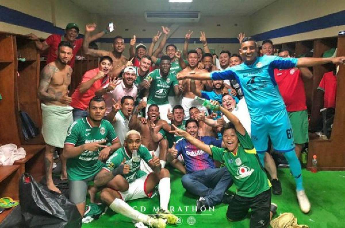 La eufórica celebración de Marathón en el camerino tras ganarle a Real España en el Olímpico