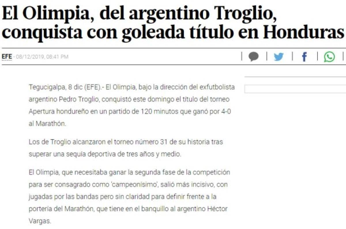 Reconocidos medios internacionales destacan título de Pedro Troglio en Honduras con Olimpia