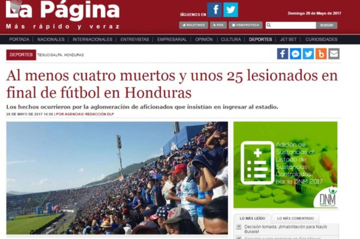 ¡TRISTEZA! La prensa mundial hace eco de la tragedia en la final de Honduras