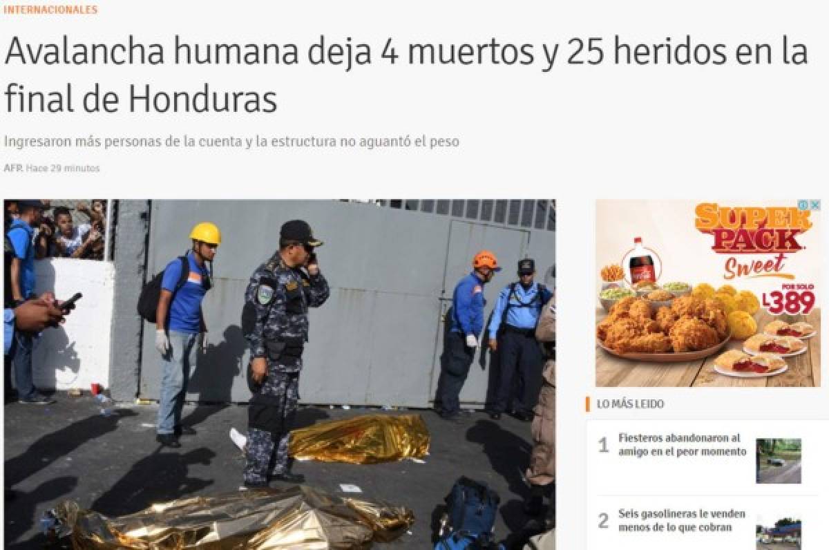 ¡TRISTEZA! La prensa mundial hace eco de la tragedia en la final de Honduras