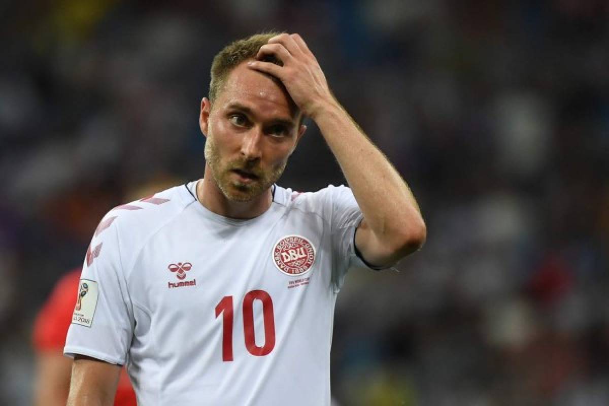 Denmark's midfielder Christian Eriksen reacts during the Russia 2018 World Cup round of 16 football match between Croatia and Denmark at the Nizhny Novgorod Stadium in Nizhny Novgorod on July 1, 2018. / AFP PHOTO / Dimitar DILKOFF / RESTRICTED TO EDITORIAL USE - NO MOBILE PUSH ALERTS/DOWNLOADS