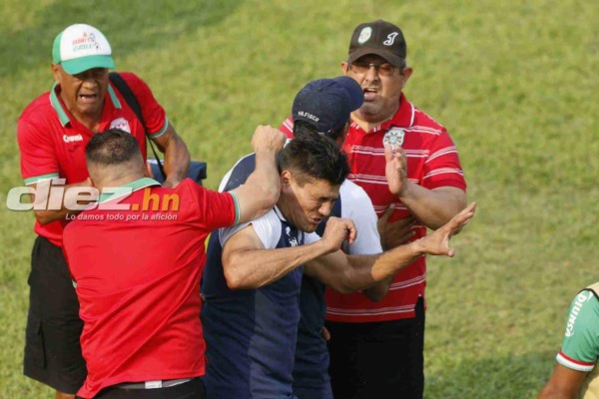 EN FOTOS: La lluvia de golpes y patadas entre técnicos de Marathón y Motagua