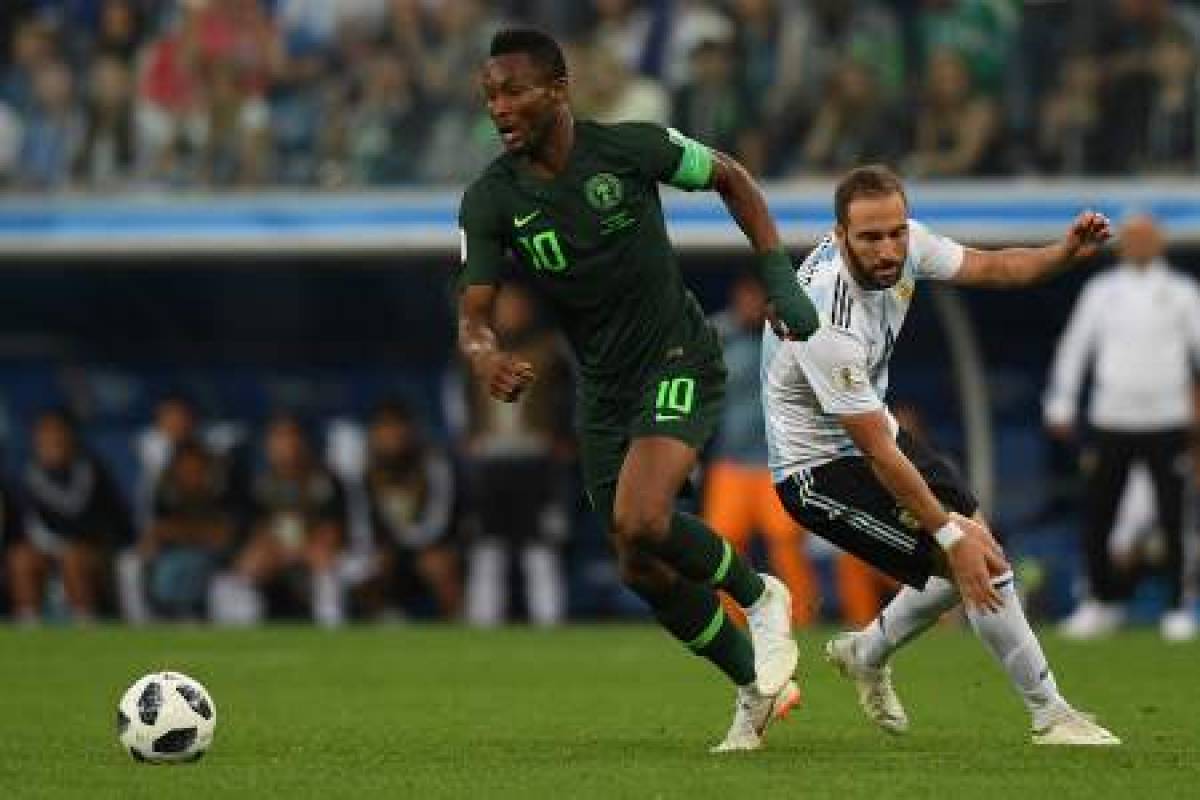 Nigeria's midfielder John Obi Mikel controls the ball during the Russia 2018 World Cup Group D football match between Nigeria and Argentina at the Saint Petersburg Stadium in Saint Petersburg on June 26, 2018. / AFP PHOTO / OLGA MALTSEVA / RESTRICTED TO EDITORIAL USE - NO MOBILE PUSH ALERTS/DOWNLOADS