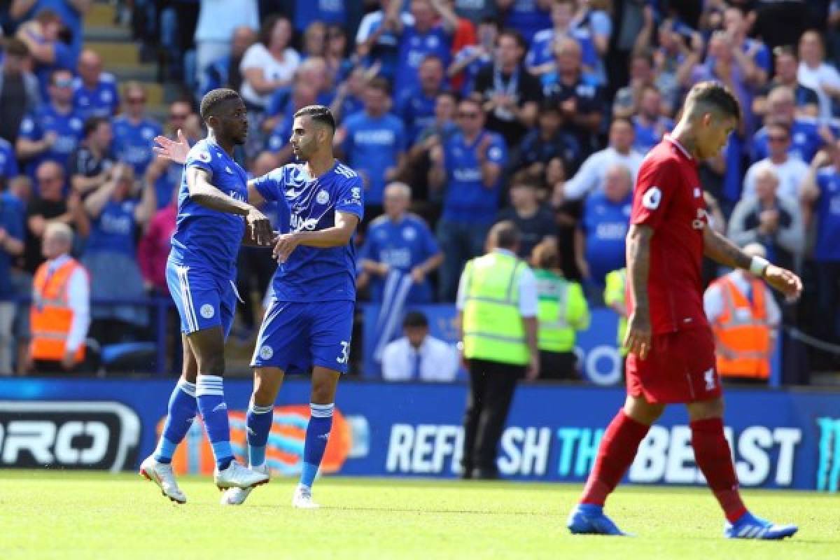 TK004. Leicester (United Kingdom), 01/09/2018.- Leicester City's Rachid Ghezzal (C) celebrates scoring with teammate Kelechi Iheanacho during the English Premier League soccer match between Leicester City and Liverpool FC at the King Power Stadium in Leicester, Britain, 01 September 2018. EFE/EPA/TIM KEETON EDITORIAL USE ONLY. No use with unauthorized audio, video, data, fixture lists, club/league logos or 'live' services. Online in-match use limited to 120 images, no video emulation. No use in betting, games or single club/league/player publications.