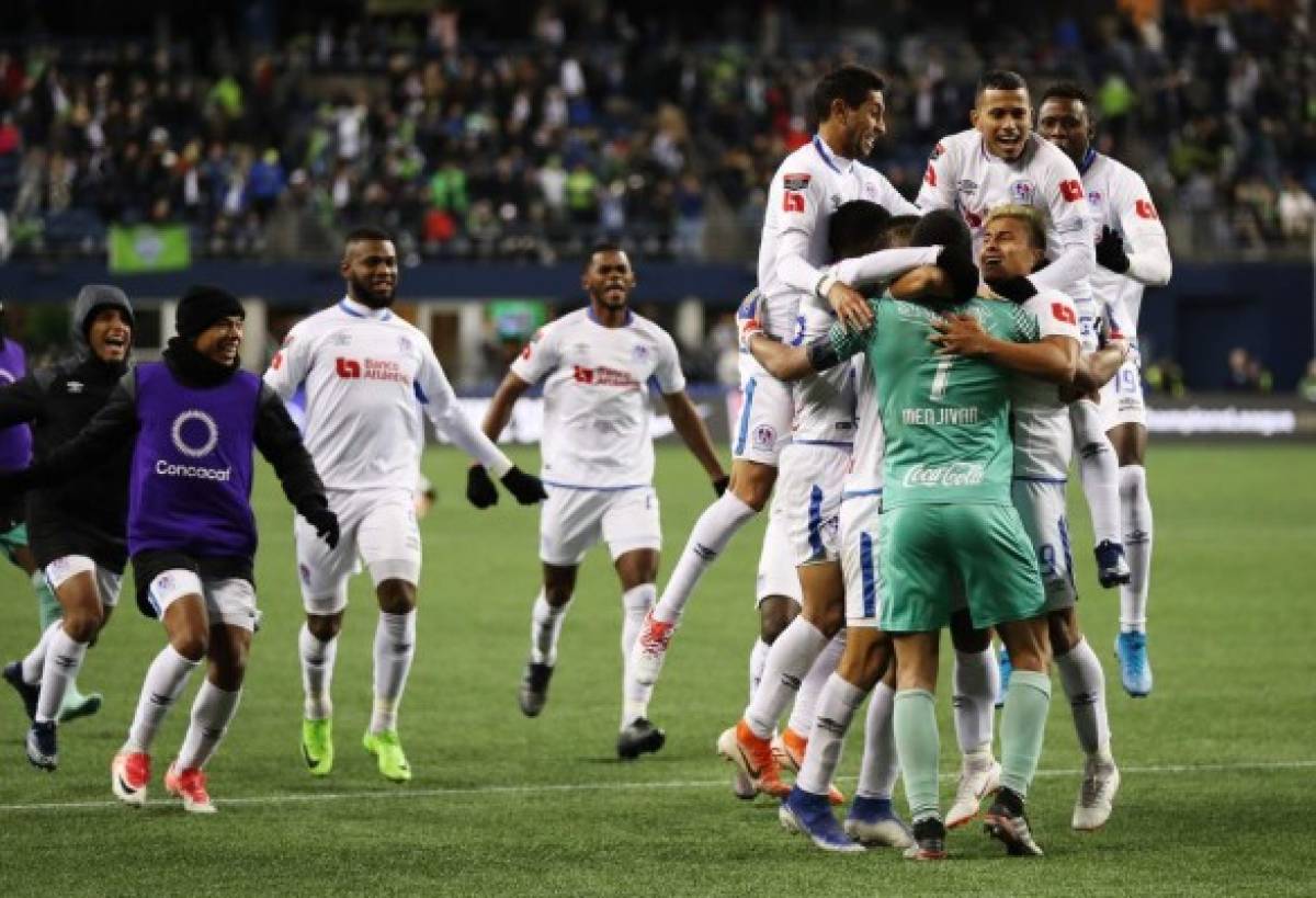 CD Olimpia celebrates beating the Sounders in a shoot during the CONCACAF Champions League at CenturyLink Field on Thursday, Feb. 27, 2020. 213109