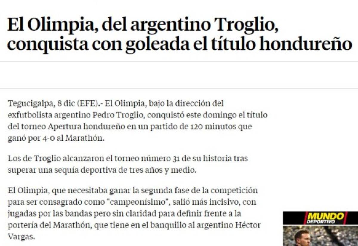 Reconocidos medios internacionales destacan título de Pedro Troglio en Honduras con Olimpia