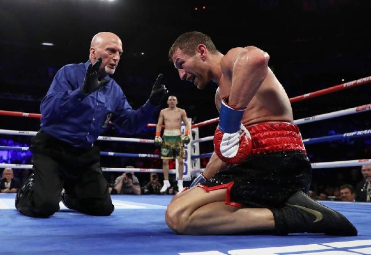 NEW YORK, NEW YORK - APRIL 20: Teofimo Lopez knocks out Edis Tatli in the fifth round during their lightweight fight at Madison Square Garden on April 20, 2019 in New York City. Al Bello/Getty Images/AFP
