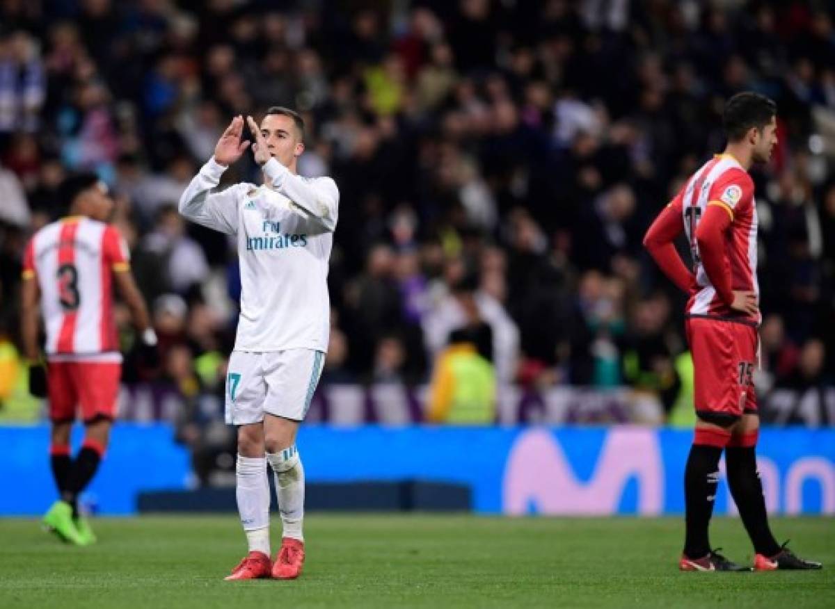 Real Madrid's Spanish midfielder Lucas Vazquez celebrates a goal during the Spanish League football match between Real Madrid CF and Girona FC at the Santiago Bernabeu stadium in Madrid on March 18, 2018. / AFP PHOTO / JAVIER SORIANO