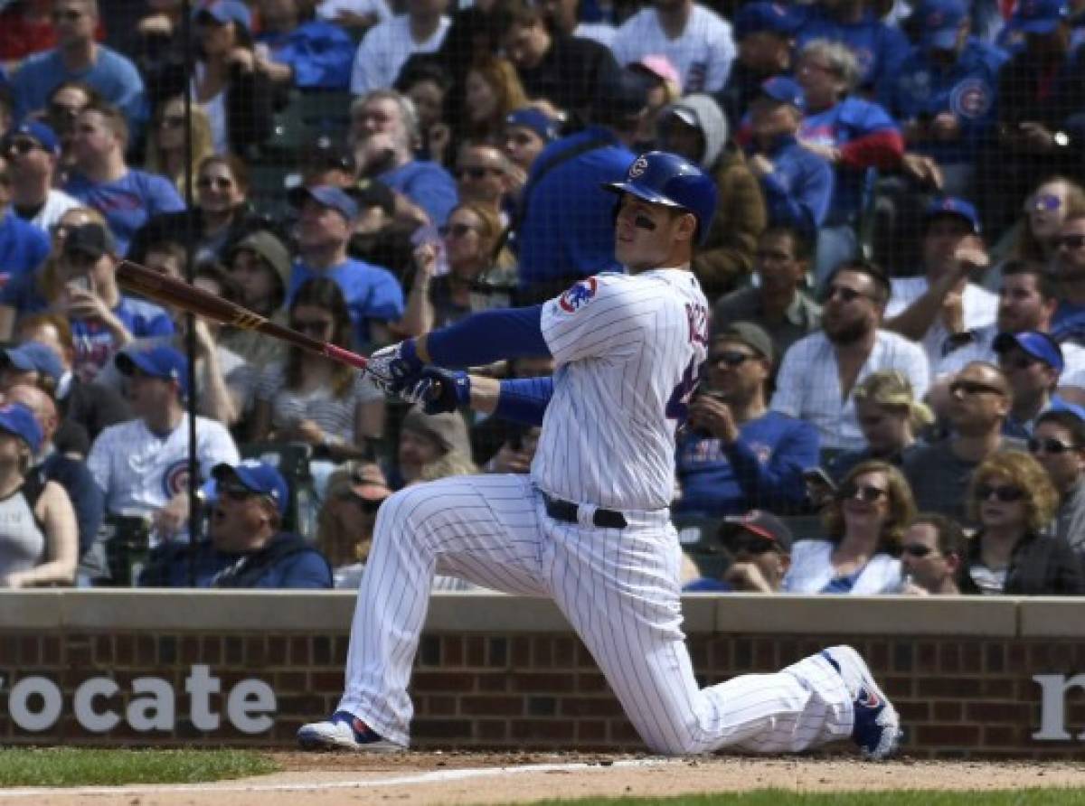 CHICAGO, ILLINOIS - MAY 09: Anthony Rizzo #44 of the Chicago Cubs hits a two run home run against the Miami Marlins during the fifth inning at Wrigley Field on May 09, 2019 in Chicago, Illinois. David Banks/Getty Images/AFP