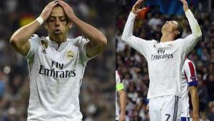 Chicharito y Cristiano Ronaldo se lamentan, saben que tuvieron las más claras del partido. Foto AFP