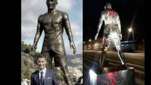 Messi, sale en la espalda de la estatua de Cristiano Ronaldo en su ciudad natal. Foto cortesía Mundo Deportivo.