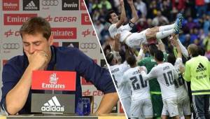Casilla en su despedida del Real Madrid ante la prensa mientras tanto, Arbeloa ovacionado en el Bernabéu. Foto AFP.