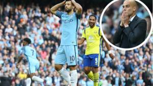 El rostro de Pep y el Kun Agüero tras empatar 1-1 ante el Everton. Foto AFP.