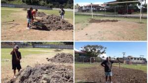 Así reparan el estadio Julio Galindo de Roatán, Islas de la Bahía para enfrentar el partido del miércoles entre Galaxy y Olimpia. Fotos cortesía Galaxy FC