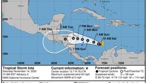 Esta es la dirección que tomó la Tormenta Tropical Iota que estará ingresando al país la noche del domingo y ahora amenaza a la zona oriental y zona sur.