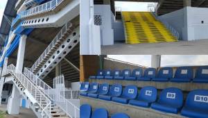 El estadio Olímpico de San Pedro Sula se vistió de azul y blanco y está quedando espectacular para los partidos eliminatorios de la H. Fotos cortesía Inmude