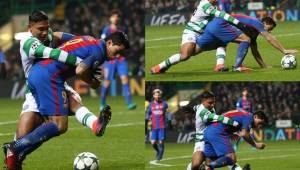 El hondureño Emilio Izaguirre fue tomado del brazo por Luis Suárez y se lo llevó al suelo. Cuando ya se iba cayendo lo soltó y el árbitro pitó penal para el Barcelona.