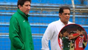 El gerente de Marathón, Rolin Peña, junto al entrenador Héctor Vargas durante el entrenamiento de este martes en el estadio Olímpico. Foto Moisés Valenzuela