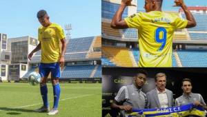 El delantero hondureño ya se puso la camiseta amarilla que defenderá en la segunda división de España, en lo que fue una presentación discreta y sin público. FOTOS: Cádiz Club de Fútbol.