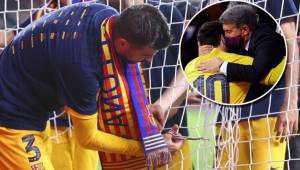 Piqué cortó las redes de las porterías del Estadio La Cortuja y se pronunció sobre el futuro de Messi.