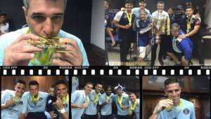 Diego Vázquez celebró a todo pulmón en el intimo festejo con sus jugadores en el camerino del Nacional. Mirá las imágenes.