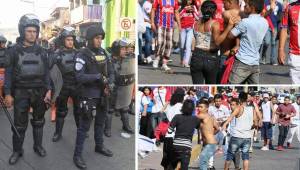 La Policía Nacional desplegó una gran cantidad de elementos para evitar la entrada de la Ultra Fiel, pero aficionados del Olimpia en otro sector se fueron a los golpes.