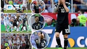 Lionel Messi vivió una montaña rusa de emociones ante Islandia. Pasó del festejo y la alegría del gol del 'Kun' Agüero a la amargura de errar un penal. Acá todos sus gestos. Fotos AFP y EFE