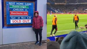 El jugador del Olimpia, Michaell Chirinos, fue uno de los aficionados de lujo en las gradas de Stamford Bridge en el clásico Chelsea vs. Manchester United.