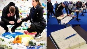 Hinchas firmaron hoy un libro de condolencias establecido afuera del King Power Stadium de Leicester City. Vardy se hizo presente con su esposa.
