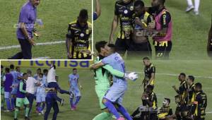 La tristeza y júbilo en el estadio Olímpico se hizo presente al final del juego entre Real España y Motagua, los aurinegros quedaron eliminados en lanzamientos de penal y Darixon Vuelto, uno de los que falló desde el punto penal, rompió en llanto. Fotos: Edwin Neptalí Romero